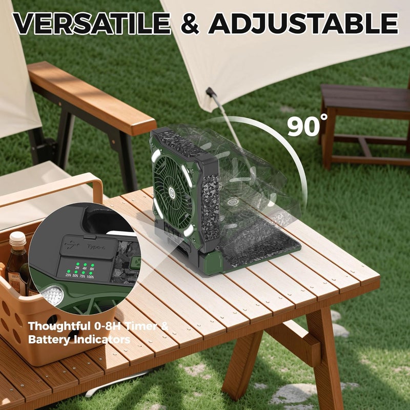 MORECORE 10000mAh 11inch Solar Camping Fan with Dual Charging, 4 Speeds & 3 Light Levels, 36H Run Time, Timer & 90° Adjustable, Portable Quiet Desk Fan for Hiking, Hurricane, Outages, Fishing-Green - Image 5